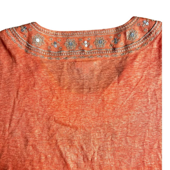 J. Jill Love Linen Shirt Blouse Top Sz Medium Orange Embroidered Sequin Boho - Picture 10 of 12